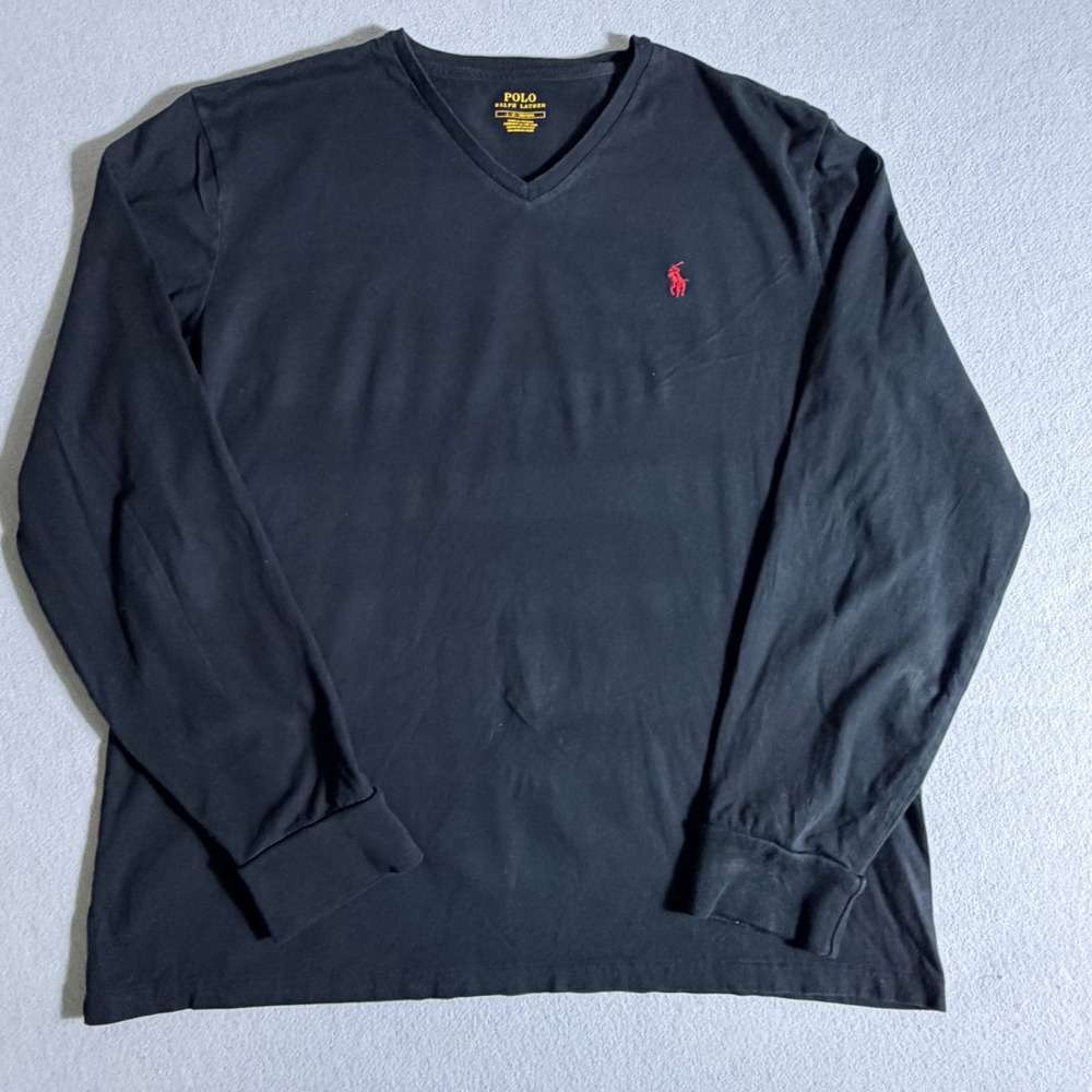 Polo Ralph Lauren Mens Long Sleeve V-Neck T-Shirt Black Red Pony Logo Large